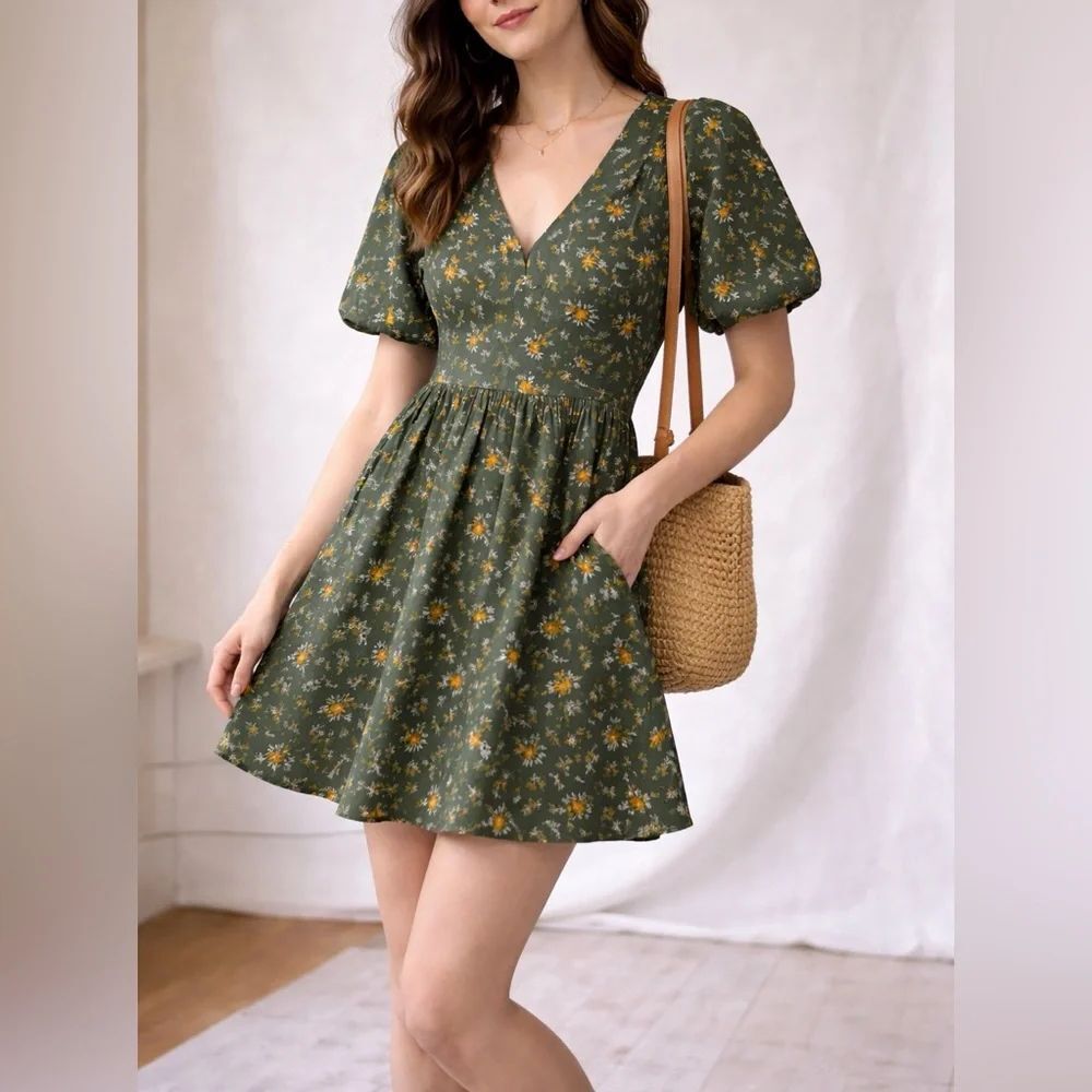 Madewell Floral Dress Flowy Artsy Boho Puff Sleeve Midi RomanticSheer Green 4